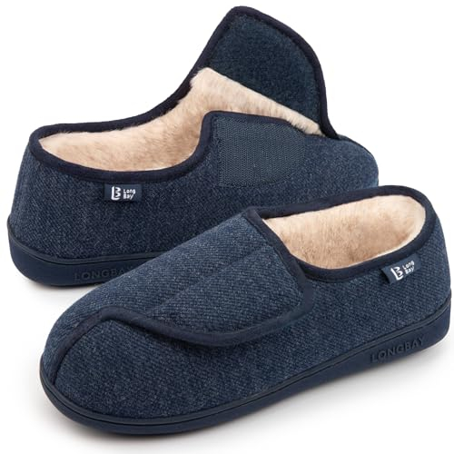 LongBay Women's Wide Fit Memory Foam Slippers Comfy Cozy Arthritis Edema Diabetic House Shoes Navy Blue,6