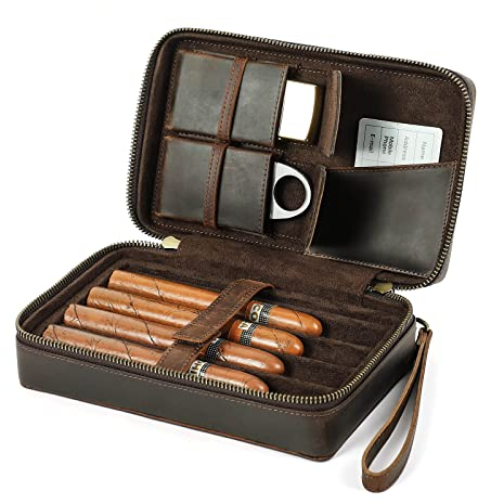 Contacts Tragbarer Reise-Humidor mit Zigarrenschneider und Feuerzeugschlitz,Lederetui für 4 Zigarren (kein Zubehör/Zigarre),multifunktionale Zigarren-Zubehör-Organizer-Box mit Handgelenkschlaufe
