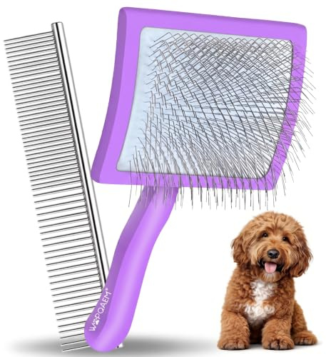 WOPQAEM Slicker Bürste für Hunde & Katzen – mit Holzgriff und extra Langen Edelstahlpins – entfernt Unterwolle, Knoten & Verfilzungen – mit Pflegekamm – für Golden Retriever & Maine Coon – Lila