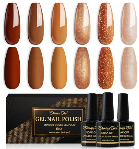 Shining She halvpermanent nagellack, 6 färger, jordgul, brun, kaffe, halvpermanent nagellack, varm färgserie, UV-/LED-gelnagellack, höst och vinter, manikyr, konst, 8 ml