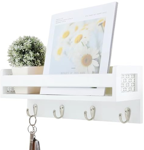 Satauko Wandgarderobe Weiß mit 4 Schlüsselhalter, Wand Dekoration für Eingangsbereich Dekor, Wandregal Holz Aufbewahrungs für Badezimmer, Küchen-Gewürzregal, Bücherregal Kinderzimmer.