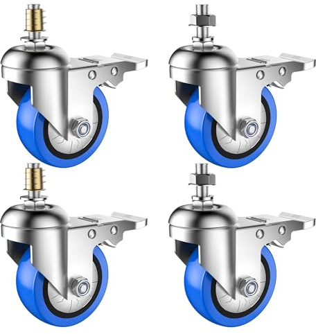 Deutnart möbelrollen mit Gewinde, 50mm Schwerlastrollen Gewindestift M8×20mm, Geräuschlose Rollen für Möbel, Lenkrollen mit Bremsen zum Transport, Belastung bis zu 200KG für Möbel Ausrüstung (Blau)