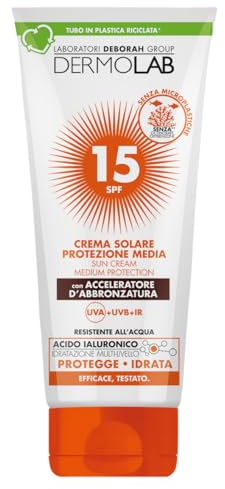 Dermolab - Crema Solare Abbronzante Protettiva SPF 15, Texture Vellutata Non Grassa con Acceleratore di Abbronzatura e Acido Ialuronico Idratante, Resistente all'Acqua, 200ml