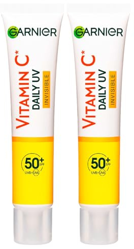 Garnier SkinActive Vitamin C Tägliches Anti-UV Fluid Unsichtbarer Anti-Flecken-Schutz SPF 50+ Feuchtigkeitsspendend Schnelle Absorption - 2 Fläschchen à 40ml