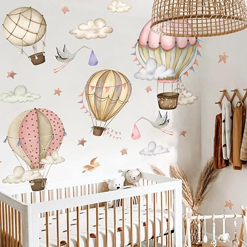 WandSticker4U®- Boho Wandtattoo HEISSLUFTBALLON & STÖRCHE Rosa/Beige (120x100 cm) I Baby Wandsticker Mädchen Heißluftballon Sterne Wolken I Wanddeko Kinderzimmer Deko Möbel Aufkleber XXL GROß
