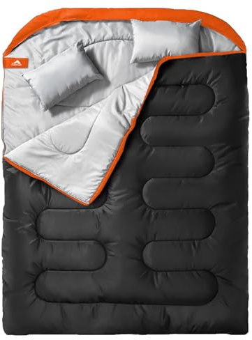 MEREZA Doppelschlafsack für Erwachsene und Herren, mit Kissen, XL, Queen-Size-Größe, 2-Personen-Schlafsack für 2 Personen, für alle Jahreszeiten, Camping, Wandern, Rucksackreisen, 2