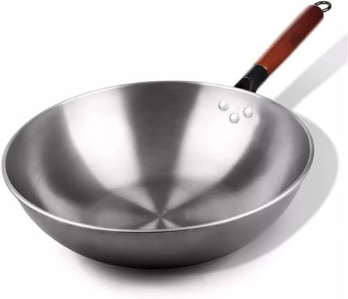 LRTYZBD Wok en fer fait à la main - Poêle en fonte sans revêtement - Utilisation générale pour cuisinière à gaz et à induction - Wok chinois - 34 cm