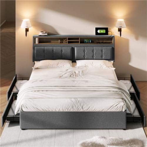 Polsterbett, mit 4 Schubladen und USB-C-Ladeanschluss, mit verstellbarem Kopfteil, mit Lattenrost, für Schlafzimmer und Gästezimmer. (Ohne Matratze)(Size:160x200cm,Color:Grau)