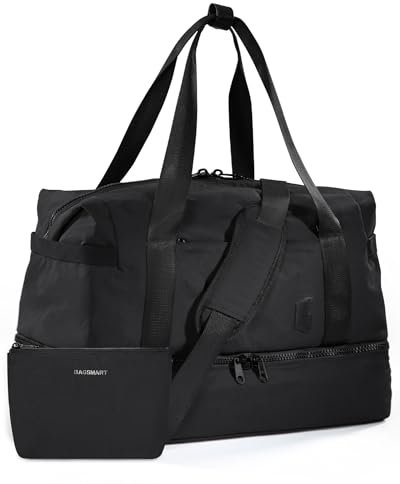 bagsmart Sporttasche Weekender Reisetasche Damen Groß, Kliniktasche Geburt Mit Schuhfach & Mit Kulturtasche Carry On Handgepäck Tasche, Leichtes und Weiches Nylongewebe Yogamatten-Schnalle, Schwarz