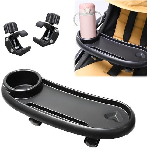 Aoreun Bandeja Para Cochecito, 3 en 1 Bandeja para Refrigerios para Cochecitos con Clip Ajustable, Bandeja de Aperitivos para Cochecito, Portavasos para Cochecito, Accesorio Universal para Cochecitos