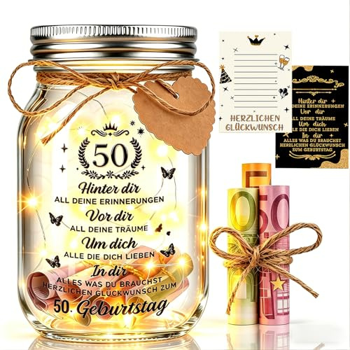 Johiux 50 Geburtstag Frau Mann LED Flaschenlicht Geburtstag,50 Geldgeschenke Geburtstag Verpackungen,50.Geburtstag Geschenk Nachtlicht Geschenke Deko,Coole Geschenkideen zum 50.Geburtstag Tischdeko.