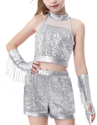 LOLANTA Mädchen Pailletten Crop Top & Shorts Set mit Fransen-Ärmeln | Metallic-Outfits,Hip-Hop-Kostüme,Glitzer-Tanzkleidung,für Bühnenauftritte,Tanzwettbewerb-Outfits, Discokleidung