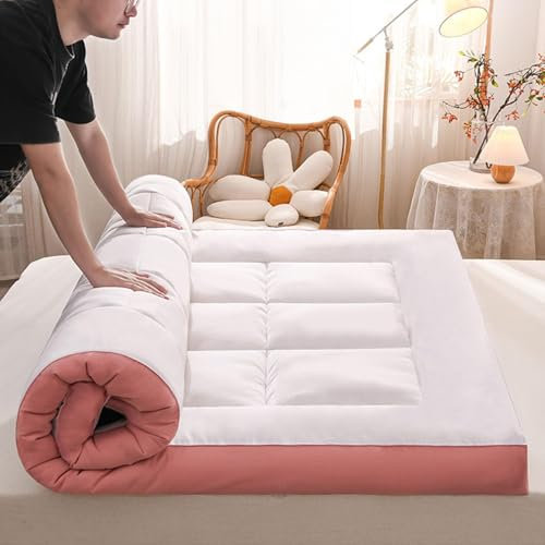 Japanische faltbare Futon-Matratzenauflage für Gästebett, Isomatte, extra dick, 10 cm, weiche Schmerzlinderung und atmungsaktiv, Doppelbett, aufrollbar, Weiß und Rosa, 150 cm x 200 cm
