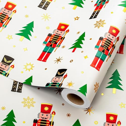 Wikadlik Weißes Weihnachts-Geschenkpapier – 43 cm x 10 m Luxuriöses metallisches Gold-Folie Nussknacker Baum Geschenkverpackungspapier für Feiertags-DIY-Handwerk Dekoration