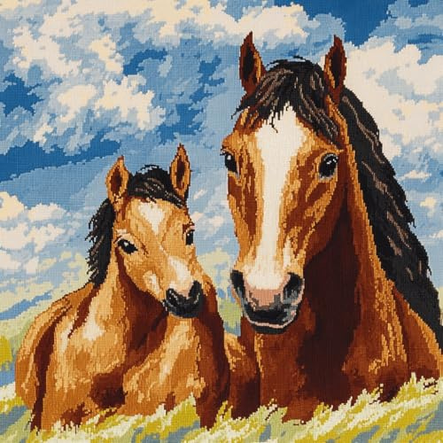 11CT Kreuzstich Kissen Set, Tier Pferd Stickkissen Mit Stickgarn 45X45cm Kreuzstichkissen Set zum Basteln Stickkissen Stickpackung mit Vorgedruckt Kreuzstichmotiv