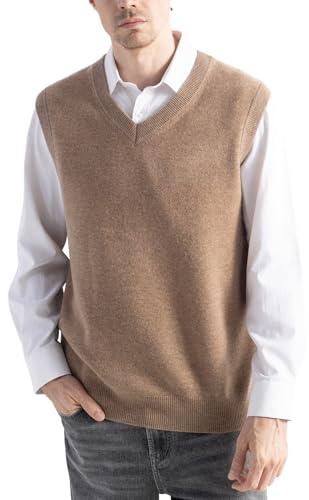Chanyarn Men's 100% Merino Wool Sweater Vest 2025 Fall Winter Casual Solid V Neck Sleeveless Knitted Sweater Vest (Tan,S)