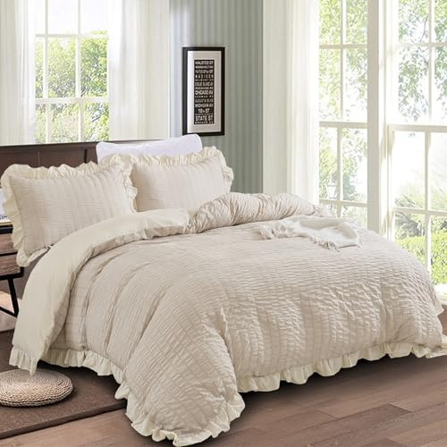 Beige Seersucker Duvet Cover Set 3 Pieces Ruffle Bedding Set with 2 Pillowcases Lightweight Soft Microfiber Duvet Cover for All Season King 220x230 cm