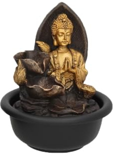 Fuente Decorativa Zen con Buda, 16x16x20 cm, Diseño Meditativo en Dorado y Marrón para Interior