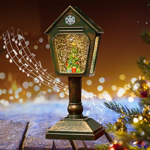 Laterna di Natale, lanterna natalizia, palla di neve con musica, lanterna vintage con sfera di neve scintillante, luce notturna, alimentata tramite USB o batteria, per decorazione interna, da tavolo o