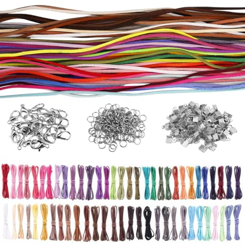 60 Pezzi cordoncino in pelle, 60 m, 60 colori, nastri in pelle, Corda per Collana e Braccialetti con 100 chiusure, 20 moschettoni e 100 anelli flessibili, per gioielli fai da te, collana, artigianato