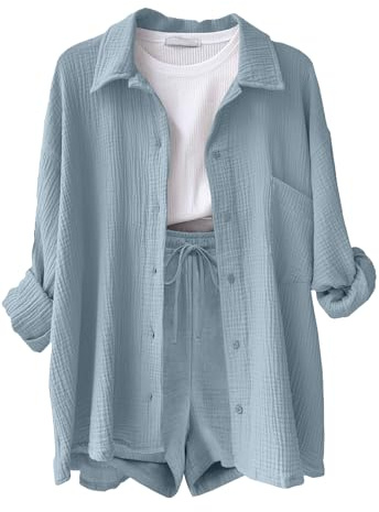 CheChury Femme Ensembles en Lin Chemise Manches Longues et Shorts Chic et Elegant Survêtement été Décontracté Ensemble été 2 pièces Tenue Loungewear