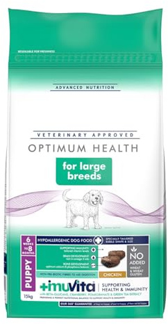 Optimum Health Large Breed Puppy Dry Dog Food Chicken 15kg - With No Added Wheat or Wheat Gluten - a Rich Source of Omega 3 and 6 Helps Support Skin and Coat Condition