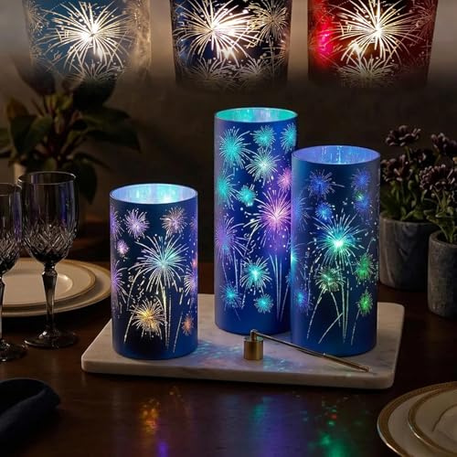 Set of 3 Celebration Hurricanes, Illuminated Hurricanes with Timer & LED Lights, Etched Firework Starburst Glass Pedestals, Twinkling Decorative Centerpiece for Mantel, Dining Table, Wedding (Blue)