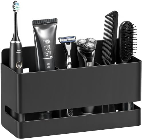 AiQInu Portacepillos de Dientes de Pared, 3 Compartimentos, Aluminio Negro, para cepillos eléctricos & dosificador de Pasta, con Drenaje y Paso de Cable