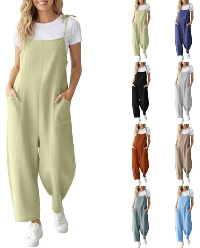Hängselbyxor dam sommar oversize arbetsoverall bomull elastisk hög midja linnebyxor lätta sommarbyxor elegant jumpsuit sportig bred ben overall stora storlekar långa sommaroveraller, Himmelsblå, L
