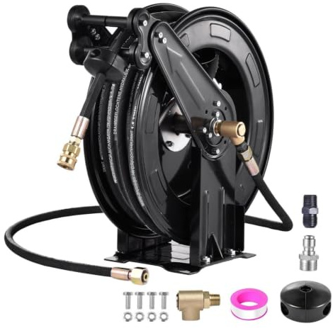 Einziehbare Hochdruckreiniger Schlauchtrommel, Schwerer Stahl automatisch einziehbare Hochdruckreiniger-Schlauchtrommel, 15 m x 0,95 cm mit 15 m langer Schlauch, 4000 PSI mit 360°-Drehgelenk