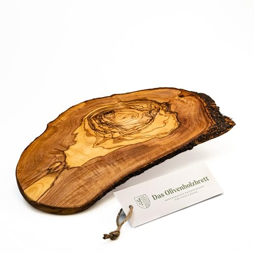 das Olivenholzbrett, Schneidebrett Olivenholz, Brotzeitbrett aus Holz mit naturbelassenem Rand, 40 cm