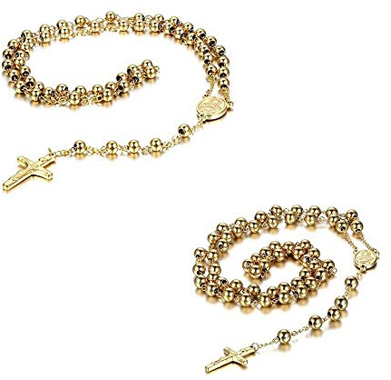 JewelryWe Schmuck Edelstahl Anhänger Halskette Gold Jesus Christ Kruzifix Kreuz Rosenkranz Jahrgang Kette Herren,Damen
