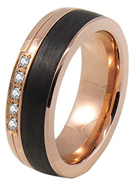 DOOSTI Freundschaftsring/Partnerring Chirurgischer Edelstahl 316L Rose vergoldet mit schwarzer Carbon Einlage - inkl. Gratis Gravur