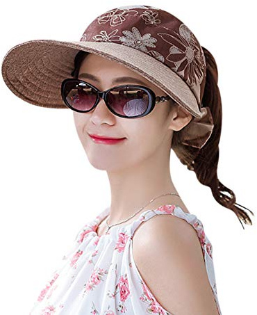 ITODA Visor Damen Sonnenhut mit Schirm Sonnenvisor Faltbare Schirmmütze UPF 50+ Strandvisor Outdoor Sonnenmütze mit Blumen Schleife Sommerhut Damenvisor Sommer Visier Hut für Freizeit Reise Sport