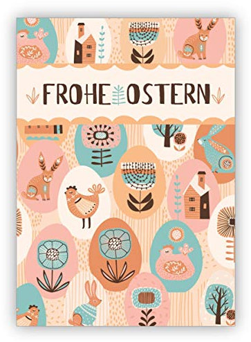 Kartenkaufrausch Im 5er Set: Retro Vintage Osterkarte mit bunten Ostereiern: frohe Ostern - Grußkarte zum Osterfest für Familie, Freunde & Kunden