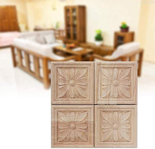 4 pz 6x6 cm Scultura a Applique Non Dipinto Decal per Decorazione di Mobili in Legno Naturale Appliques Quadrato Fiore Scultura Adesivi Decorativi in Legno Artigianato (4#)