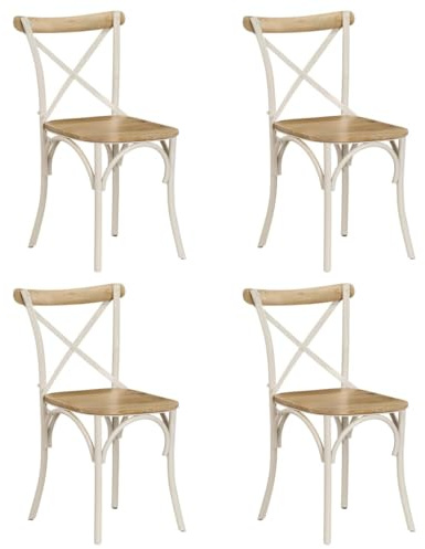 vidaXL Esszimmerstühle 4 STK., Esszimmerstuhl mit Rückenlehne in Kreuz-Form, Essstuhl Küchenstuhl Stahlrahmen, Stuhl für Esszimmer Küche, Antik-Stil, Weiß Mango-Massivholz