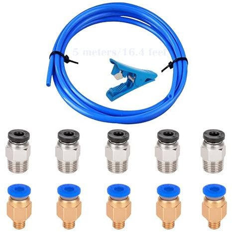 CESFONJER 5 Meter PTFE Schlauch Blau Teflonschlauch mit 5 Stück PC4-M6 Pneumatik-anschlussstücke und 5 Stück PC4-M10 Verbinder und Leitung Rohrschneider, für 3D-Drucker 1,75 mm Filament