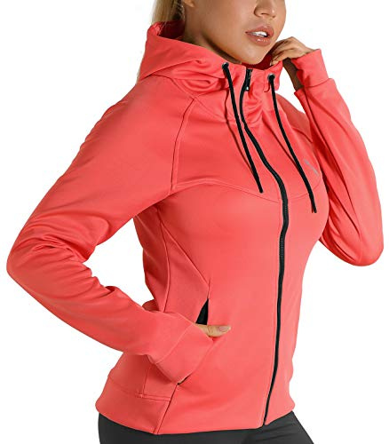icyzone Damen Sportjacke Laufjacke voll Zip Trainingsjacke mit Kapuze, Fitness Hoodie Langarm Shirt im Winter