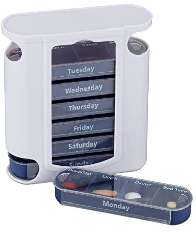 Relaxdays 1 x Pillendose 7 Tage, wöchentliche Tablettenbox, 4 Fächer, Englisch, Medikamentendose mit Schiebedeckel, weiß/blau