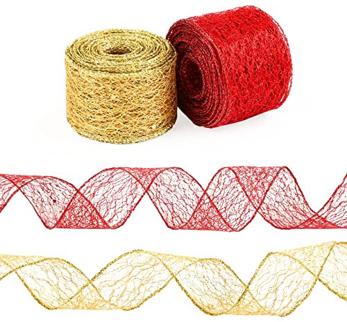 LEMESO Nastri per Albero di Natale in Rete Oro e Rosso Kit, Confezioni Regalo, 20 M Decorazioni Ornamenti Natalizi Festivi Glitterato Fili Festa Nozze Evento Cena di Vigilia