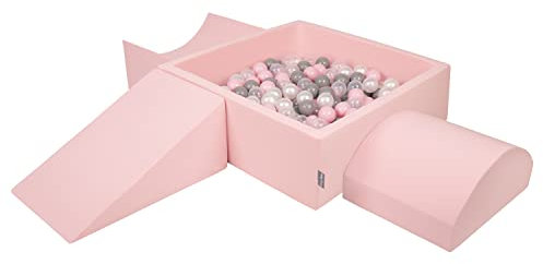 KiddyMoon Foam Playground For Kids With Square Ballpit (300 Balls ∅ 7Cm/2.75In) Soft Obstacles Course And Ball Pool, Made In The EU, Pink:Pearl/Grey/Transparent/Powder Pink