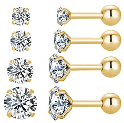 4 Paar Stern-Herz-Quadrat-Ohrstecker mit Schraubverschluss, 18 Karat vergoldeter chirurgischer Edelstahl Zirkonia-Ohrstecker 3-6 mm