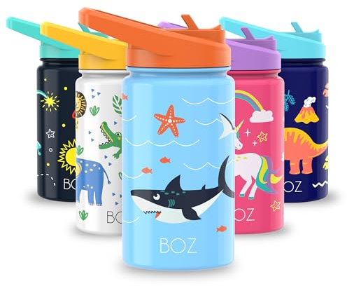 BOZ Kind Trinkflasche – Thermoflasche 400 ml – Auslaufsicher – Doppelwandige Edelstahl-Trinkflasche mit Strohhalm (Fische)