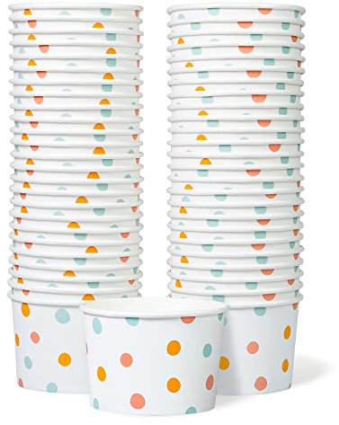 MATICAN Paper Ice Cream Cups - 50-Count 9-Oz Disposable Dessert Bowls for Hot or Cold Food, 9-Ounce Party Supplies Treat Cups for Sundae, Frozen Yogurt, Soup, Pastel Polka Dots