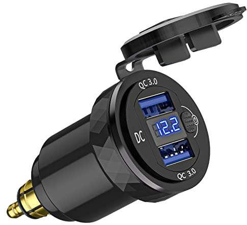 Cllena DIN Hella Plug to Dual QC 3.0 USB Charger Socket Power Adapter with Voltmeter and ON-Off Switch for BMW Ducati Triumph Motorcycle