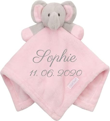 Wuff-Dogsworld Baby Kuscheltuch VIELE Modelle mit Namen Bestickt Geschenk Taufe Geburt Schmusetuch Schnuffeltuch Trösterchen Junge Mädchen (Elefant rosa)
