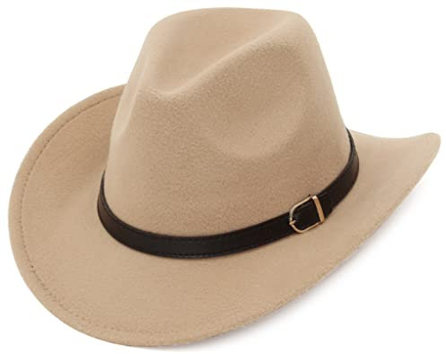 GEMVIE Filzhut Damen Herren Fedora Hut Cowboyhut Breite Krempe Westernhut mit Gürtelschnalle M Stil-2 Kamel