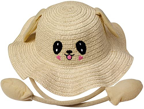 Miobo Söt vikbar, lekbar solhatt för flickor, andningsbar UV-skyddssolhatt med broderat djurmönster, Beige, 54