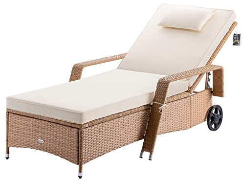 Casaria® Sonnenliege mit Rollen 7cm Auflage Extra Breit 90cm Gartenliege Wetterfest Balkonmöbel 165kg Belastbar Terrassenmöbel Liegestuhl Polyrattan Creme
